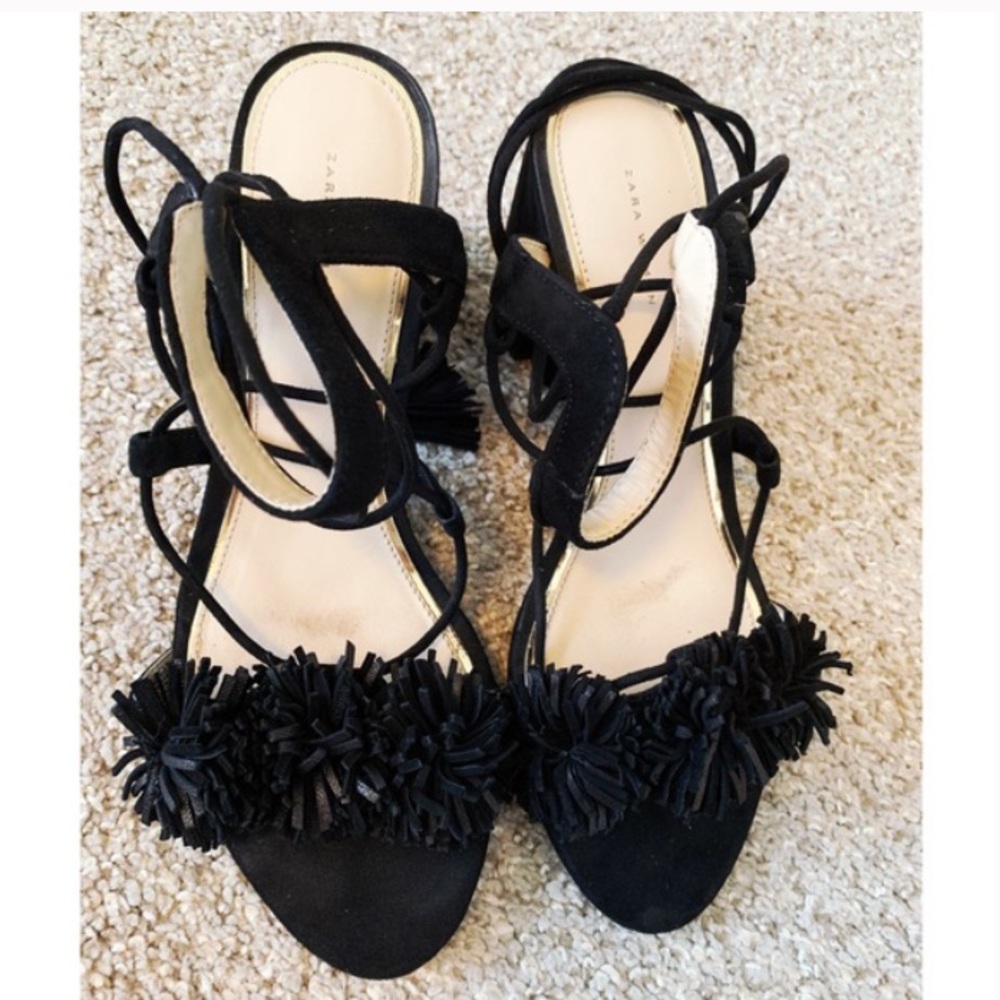 Zara Leather Lace Up Sandals With Chunky Heel - Picture 2 of 10